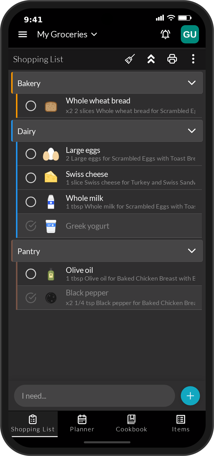 Grocery Board Shopping List App Screenshot (Dark Mode)