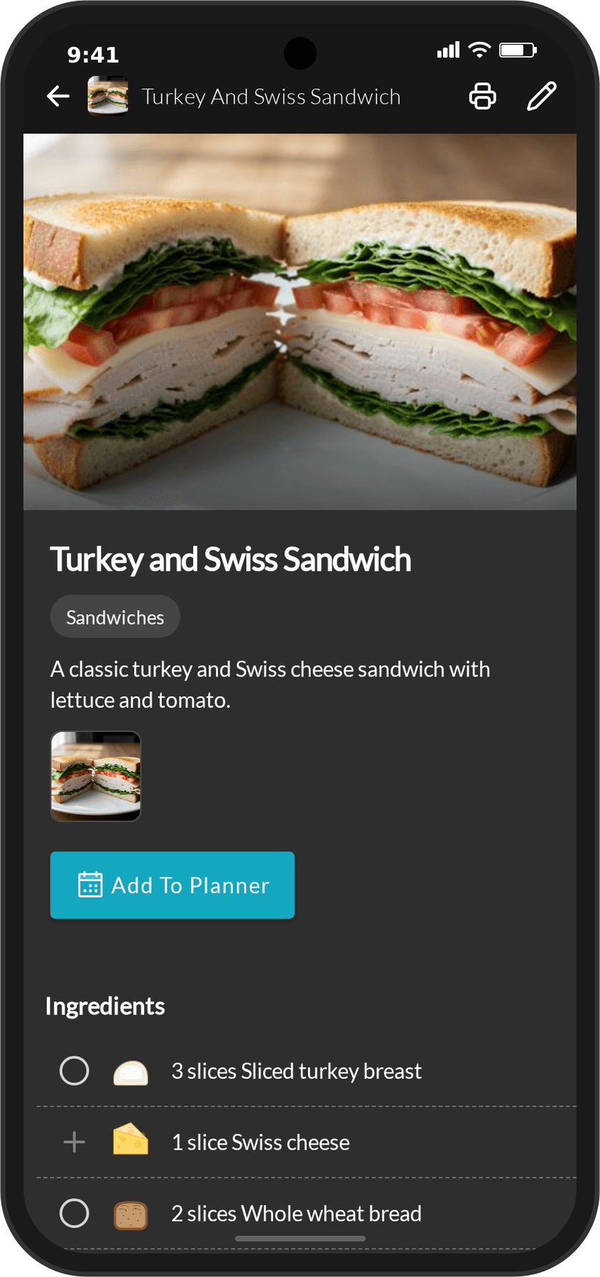 Recipe View (Dark Mode)